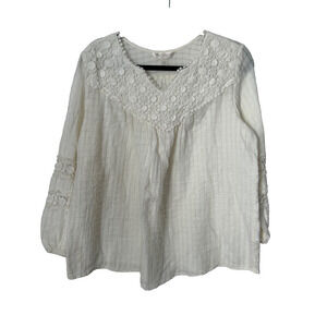 Krazy Kat Top Size L White Gauzy Peasant Crochet Lace Trim V-Neck Boho Cottage